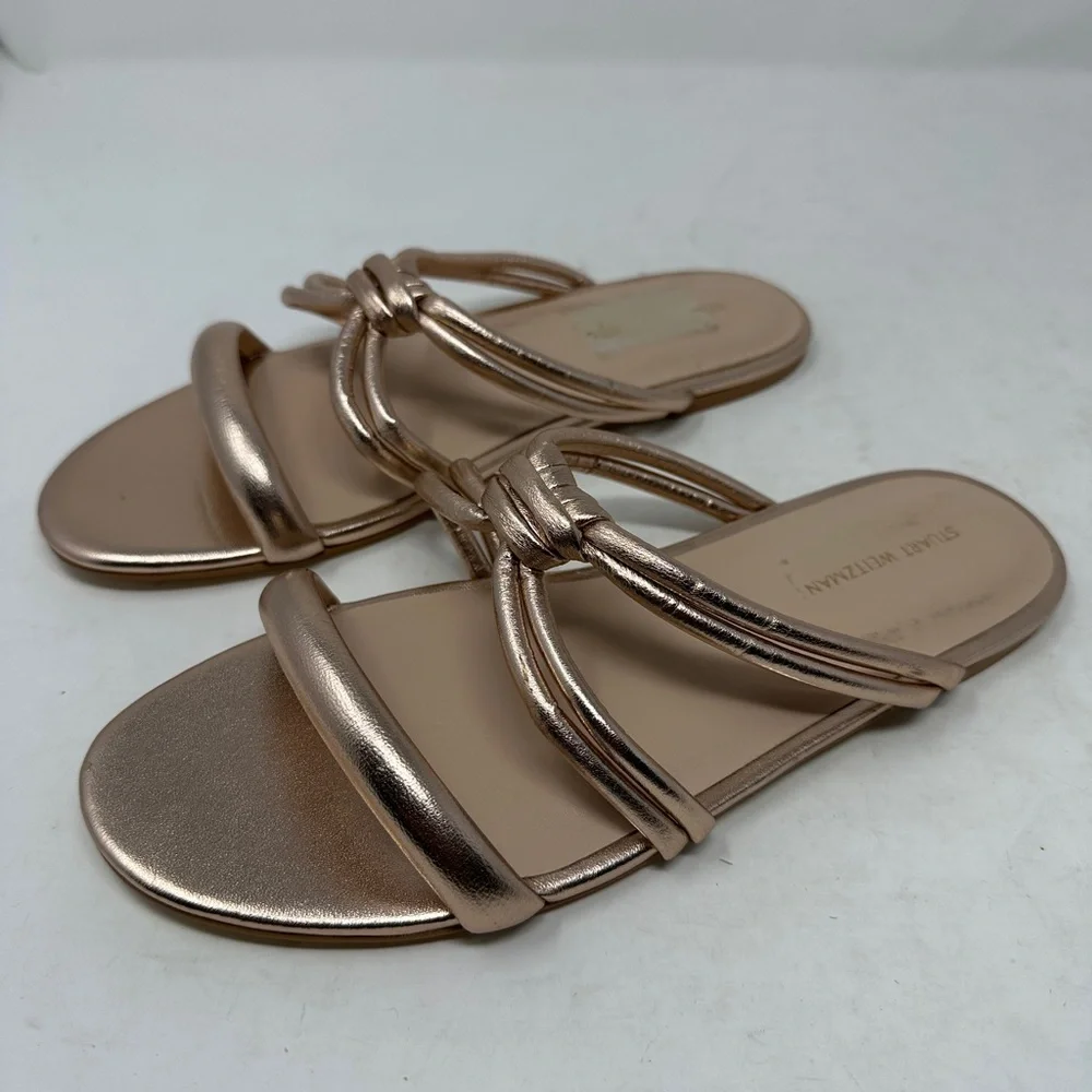 Stuart Weitzman Twist Knot Sandal Womens 8.5 Rose Gold Leather Flats Retail $350